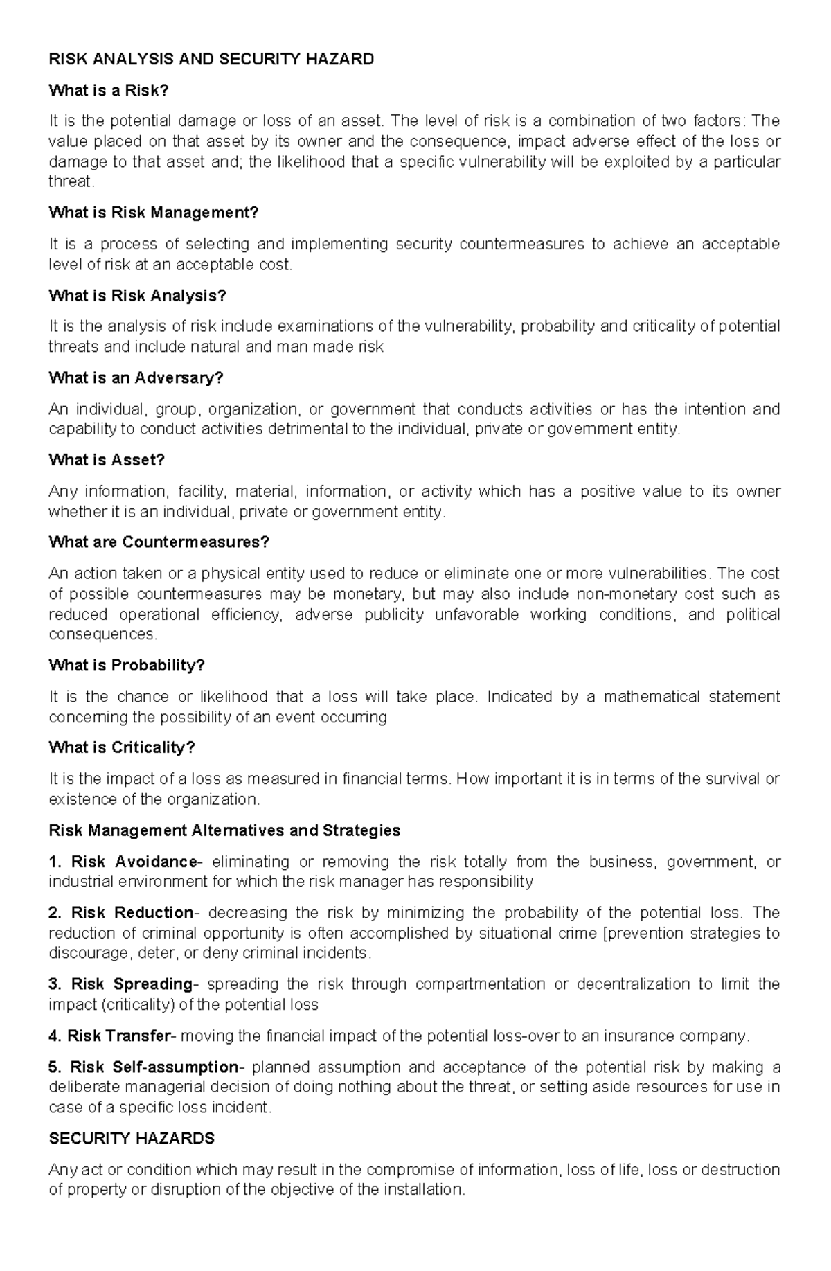 Final Exam Notes LEA 3 - Risk Analysis & Security Hazards in ...