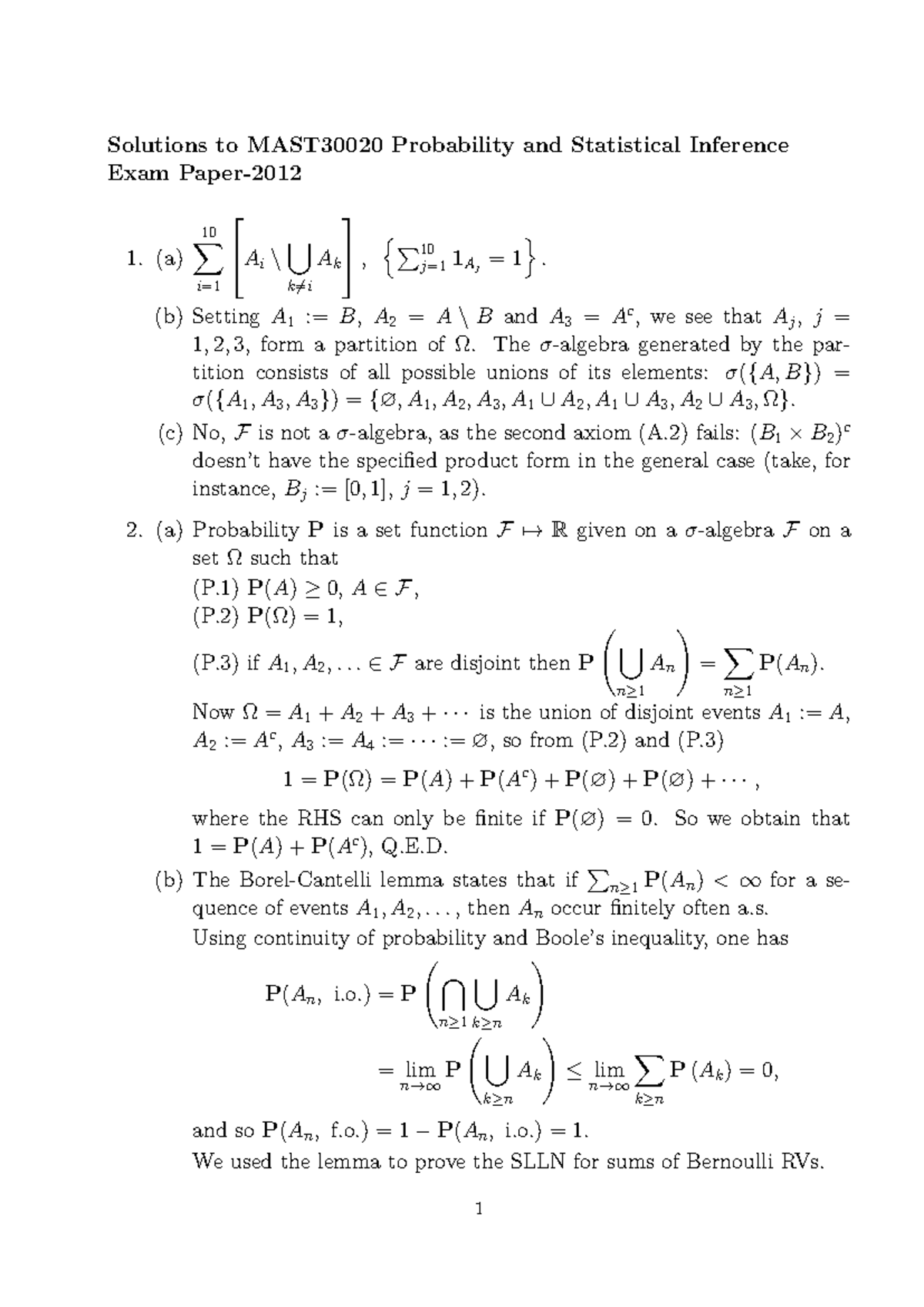 Solutions to MAST30020 Probability and Statistical Inference Exam 2012 ...