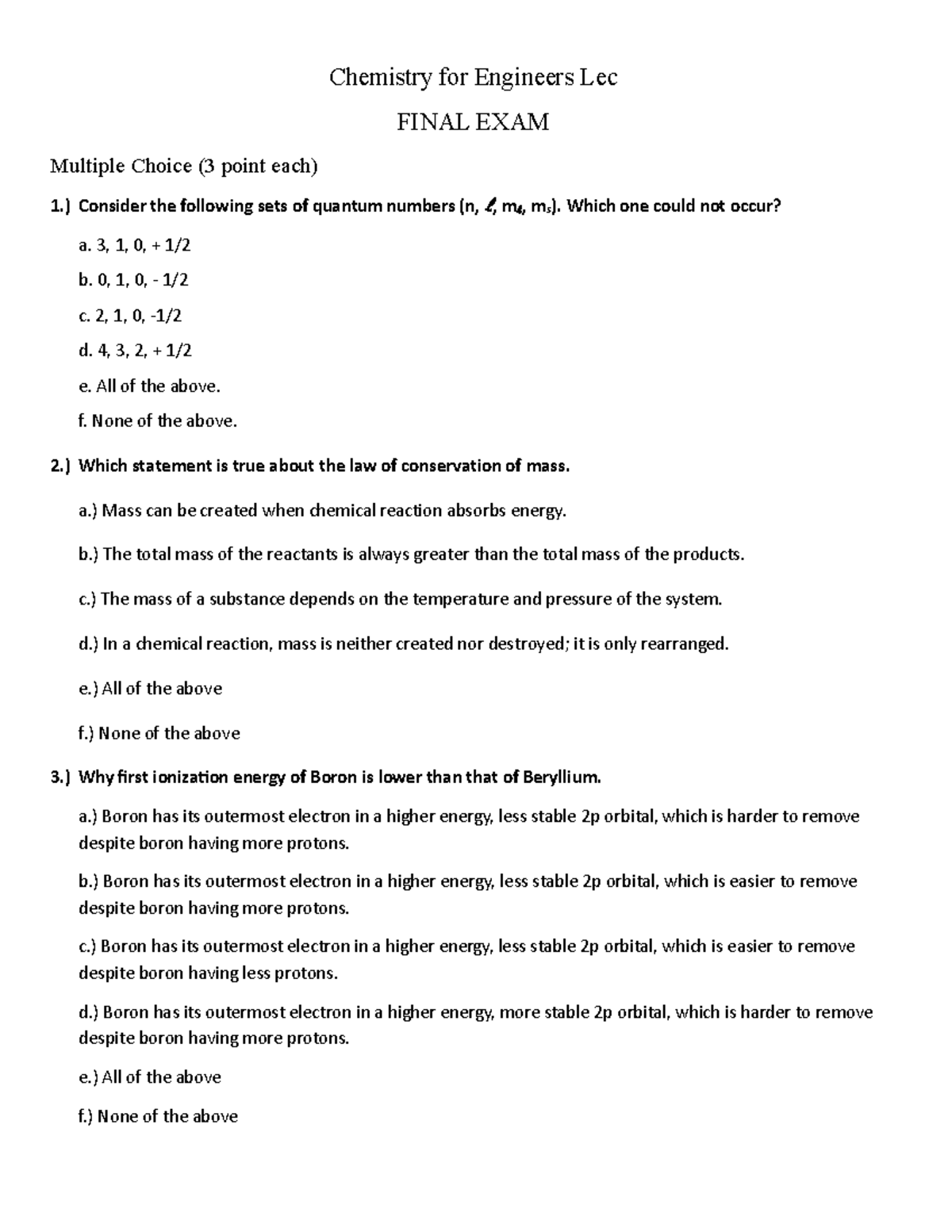 Chemistry for Engineers CHEM 101 Final Exam MCQ Review - Studocu