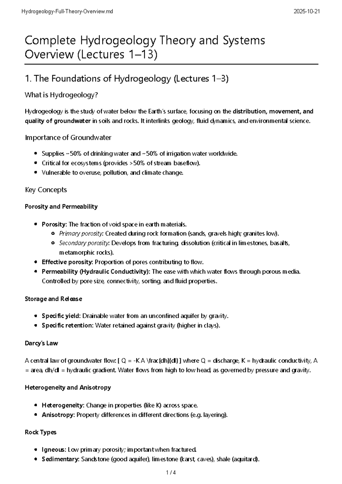 Hydrogeology Theory Overview (Lectures 1-6) - Studeersnel