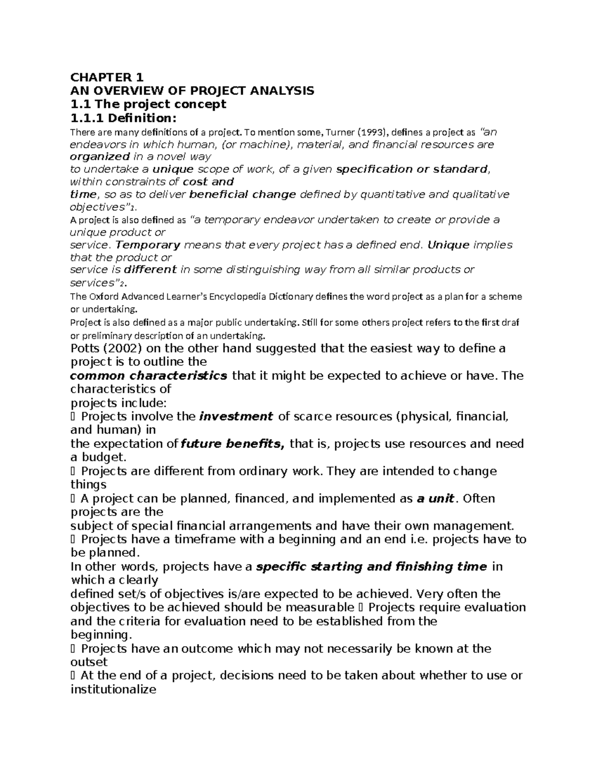 CHAPTER 1: OVERVIEW OF PROJECT ANALYSIS - PLANNING & MANAGEMENT - Studocu