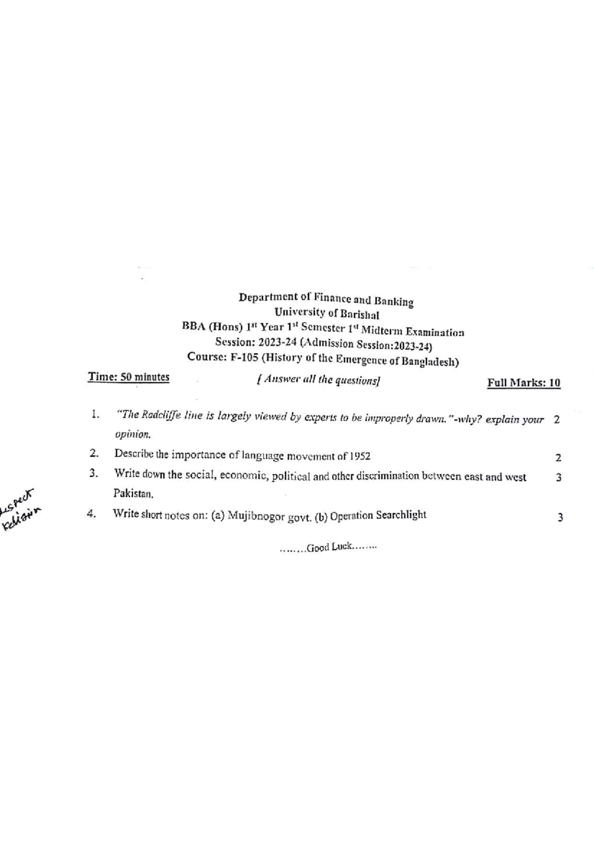 BBA (Hons) 1st Year 1st Semester Midterm Exam Questions 2023-2024 - Studocu
