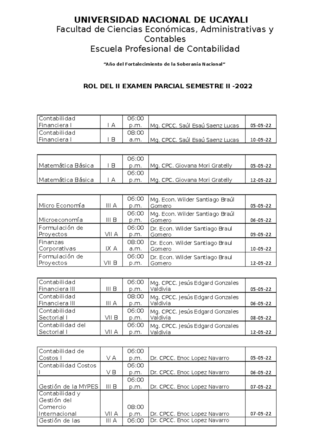 ROL DEL EXAMEN PARCIAL II SEMESTRE II - CONTABILIDAD 2023 - Studocu