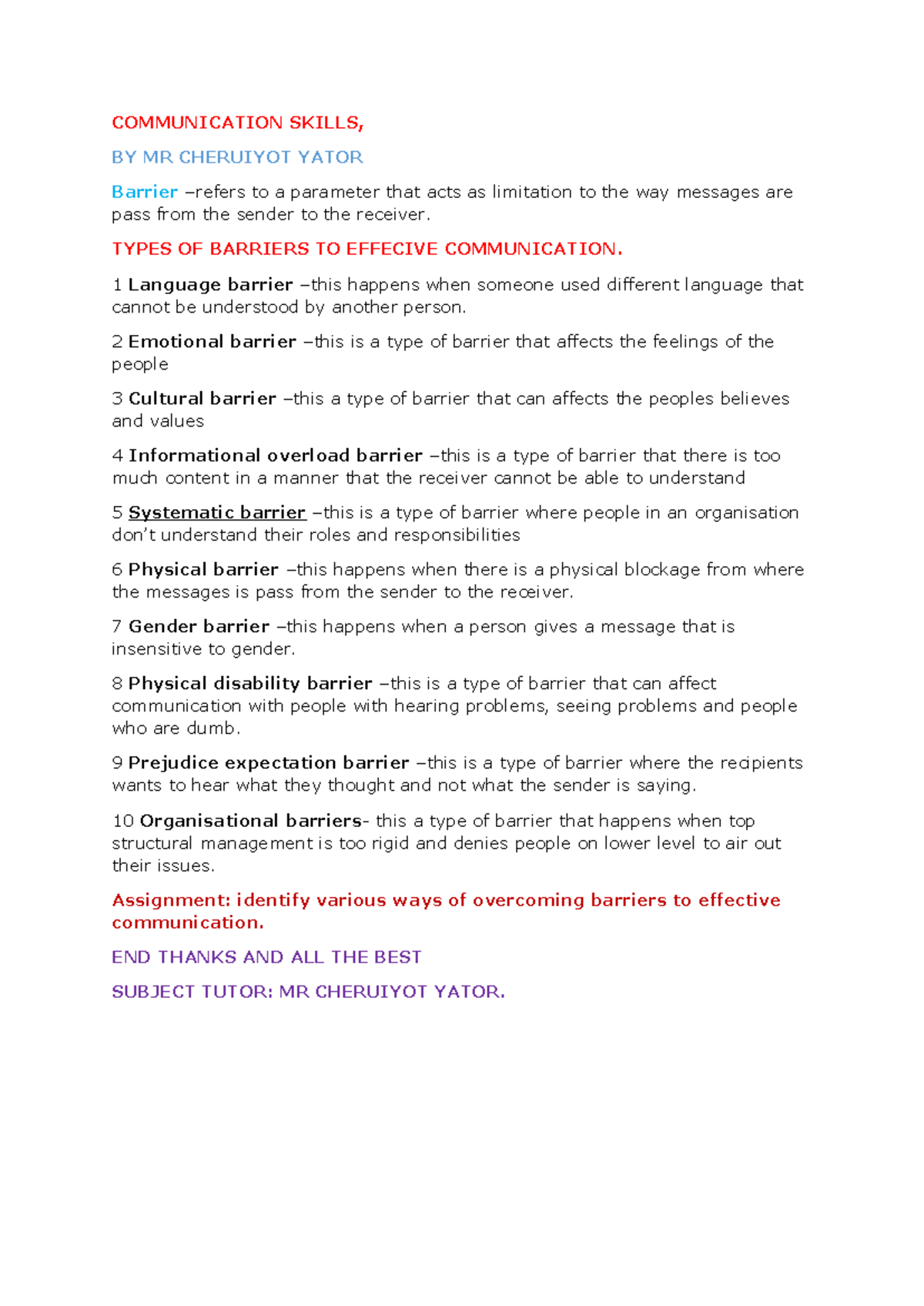 COMM 101: Overcoming Barriers to Effective Communication - Studocu