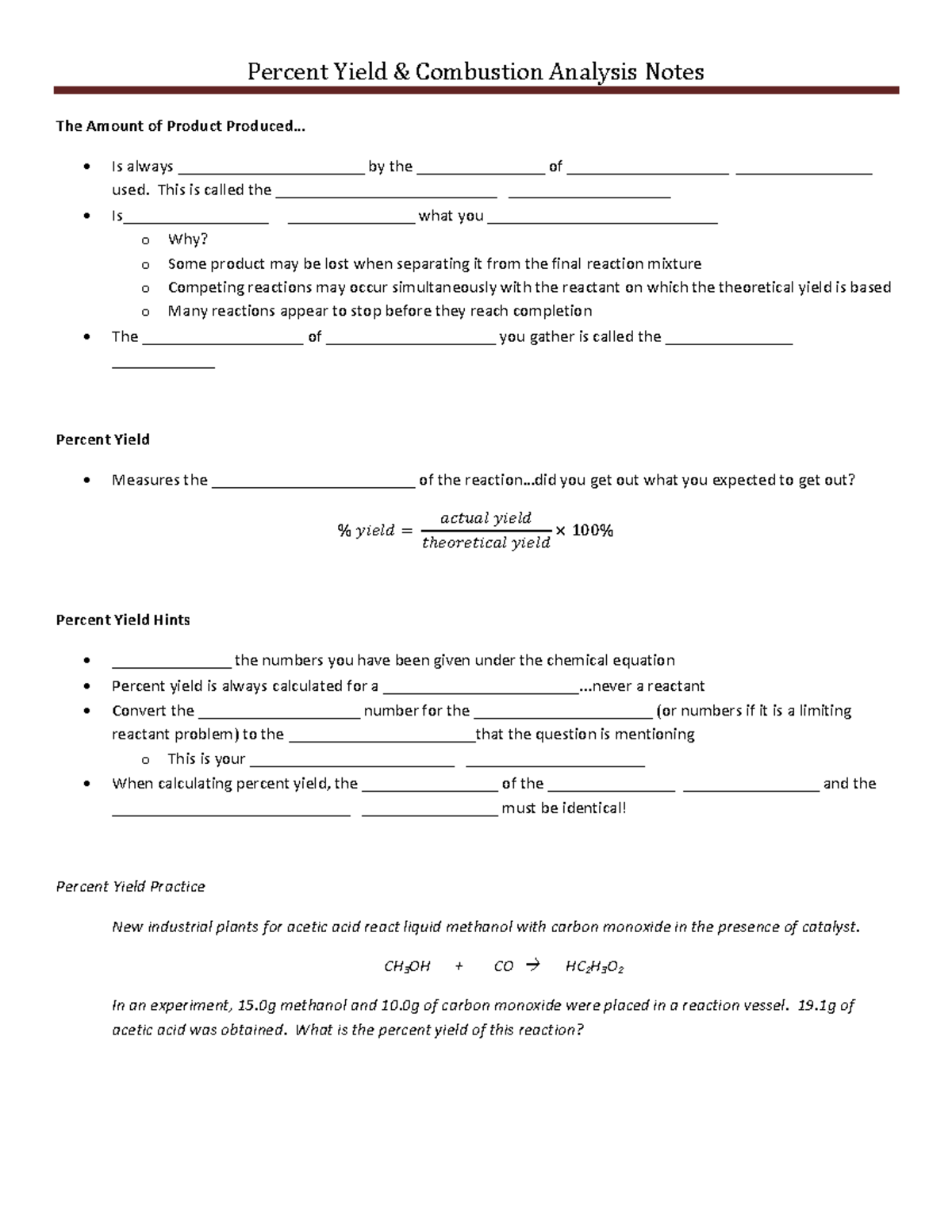 %Yield & Combustion Analysis Study Notes for Chem 101 - Studocu
