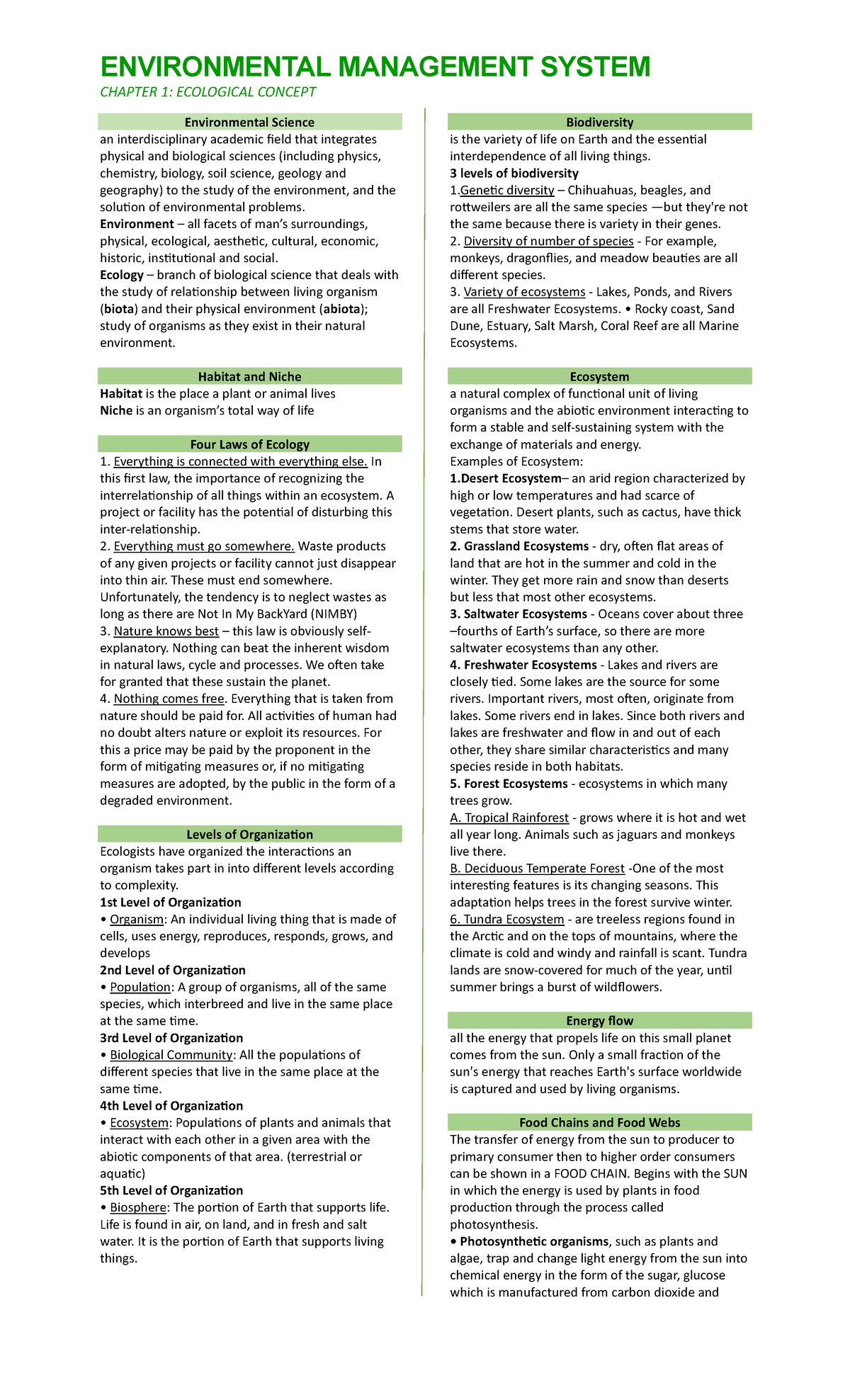 Ems Chapter 1 Notes Ecological Concepts And Energy Flow Studocu