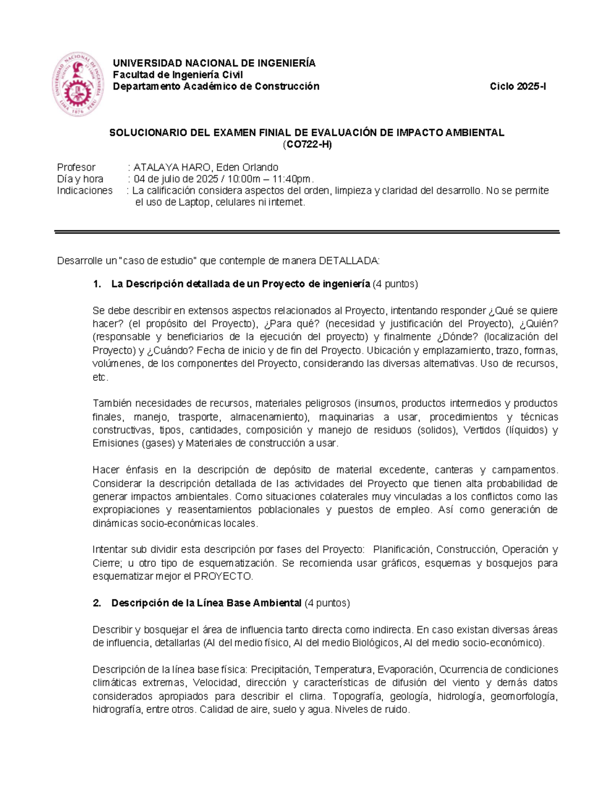 UNI Examen Final CO722H 2025-1: Solucionario de Evaluación de Impacto ...