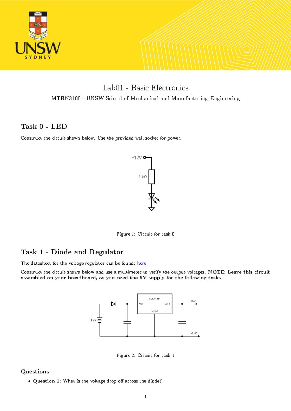 Lab01 Basic Electronics MTRN3100: LED & Diode Circuit Tasks - Studocu