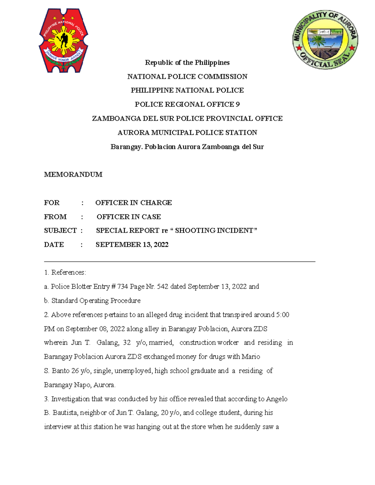 PNP Special Report 2: Investigation of Shooting Incident in Aurora ...