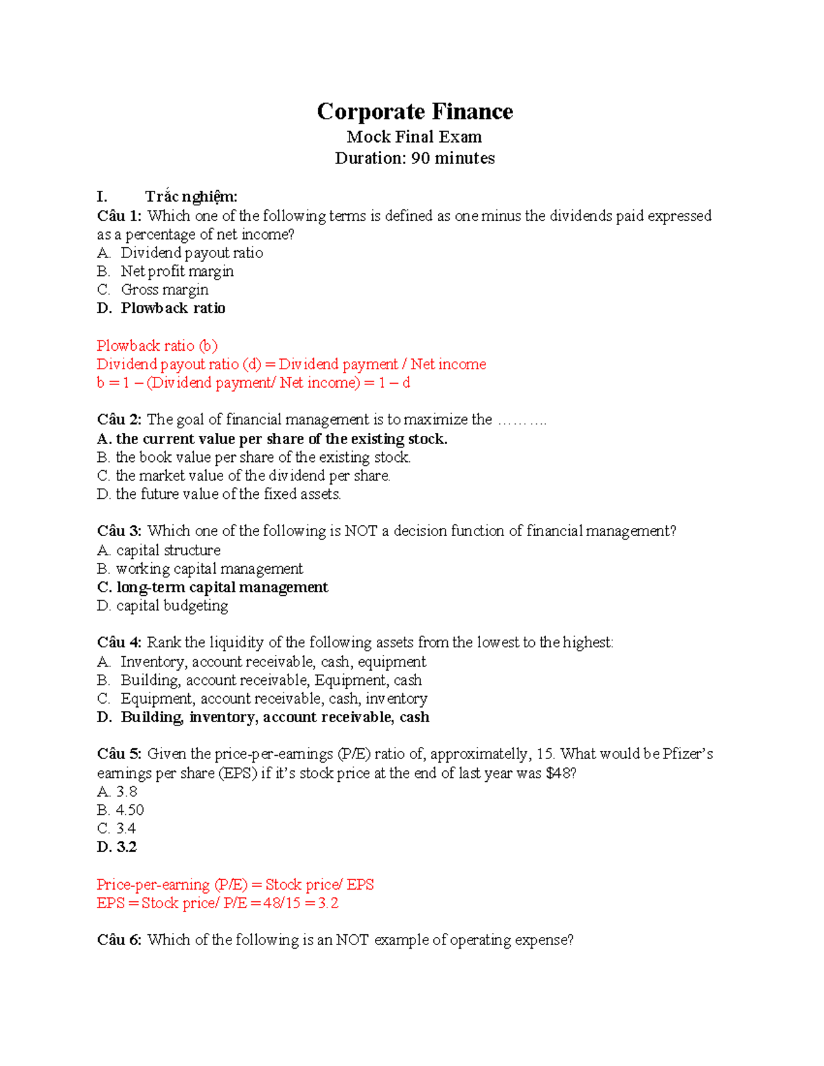 Corporate-Finance Mock Final Exam Key and Study Guide - Studocu