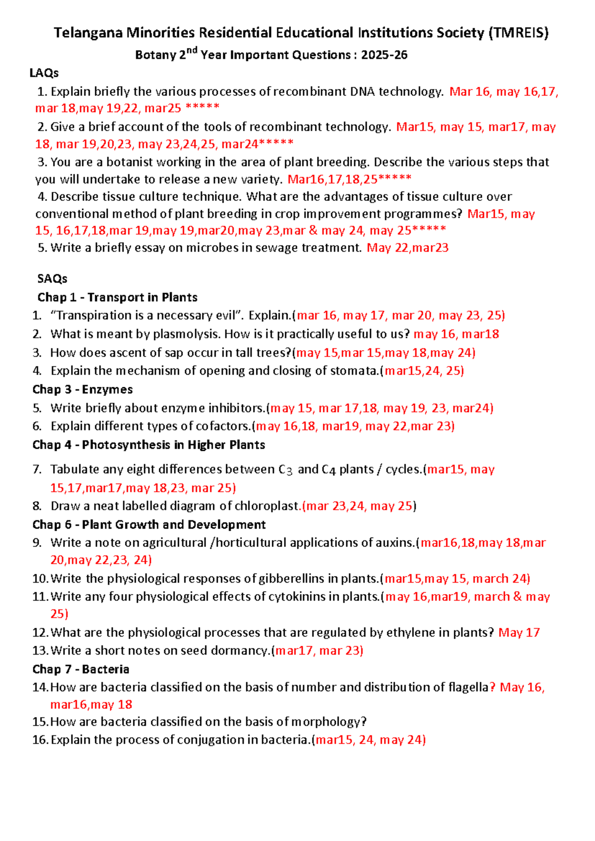 TMREIS Botany 2nd Year Important Questions for 2026 - Studocu
