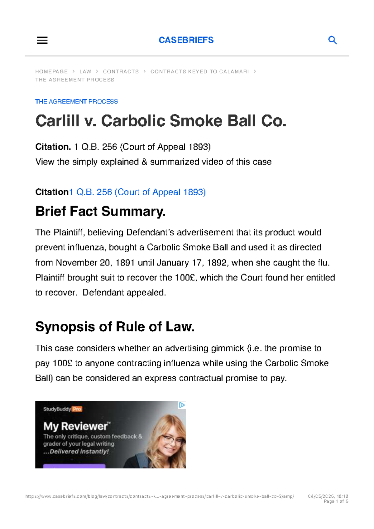 Carlill v. Carbolic Smoke Ball Co. Case Brief (LAW 101) - Studocu