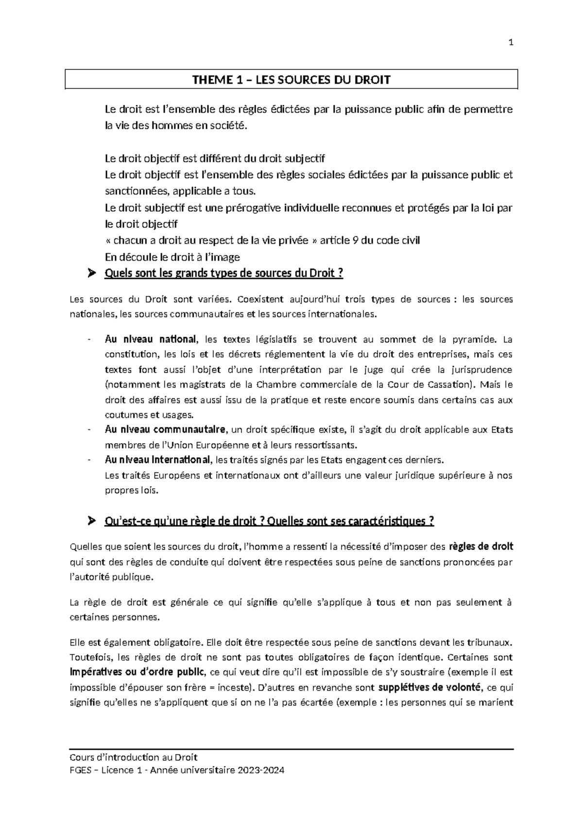 Theme 1 – Les Sources du Droit (Cours FGES Licence 1) - Studocu