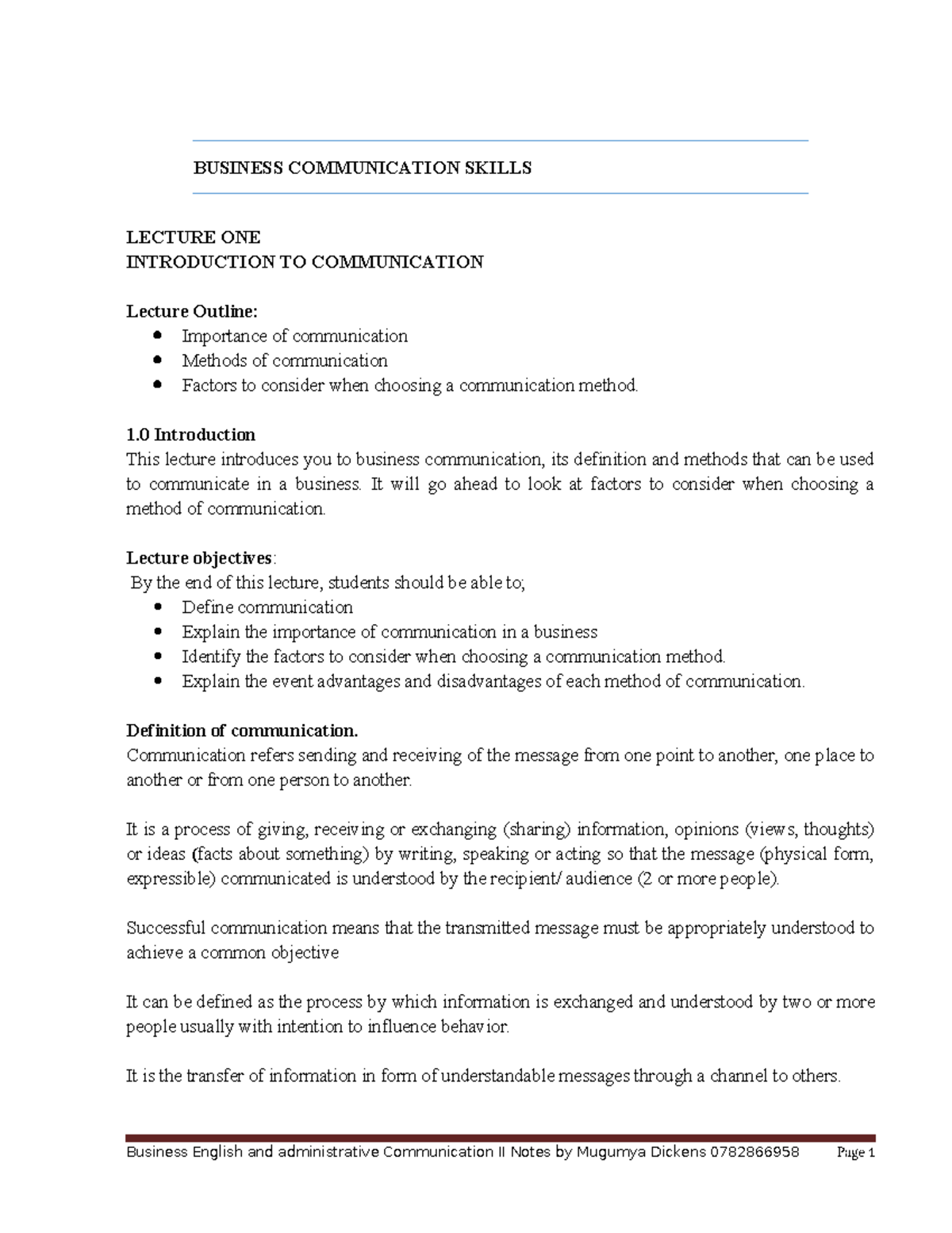 BUSINESS COMMUNICATION SKILLS LECTURE 1: INTRODUCTION TO COMMUNICATION ...