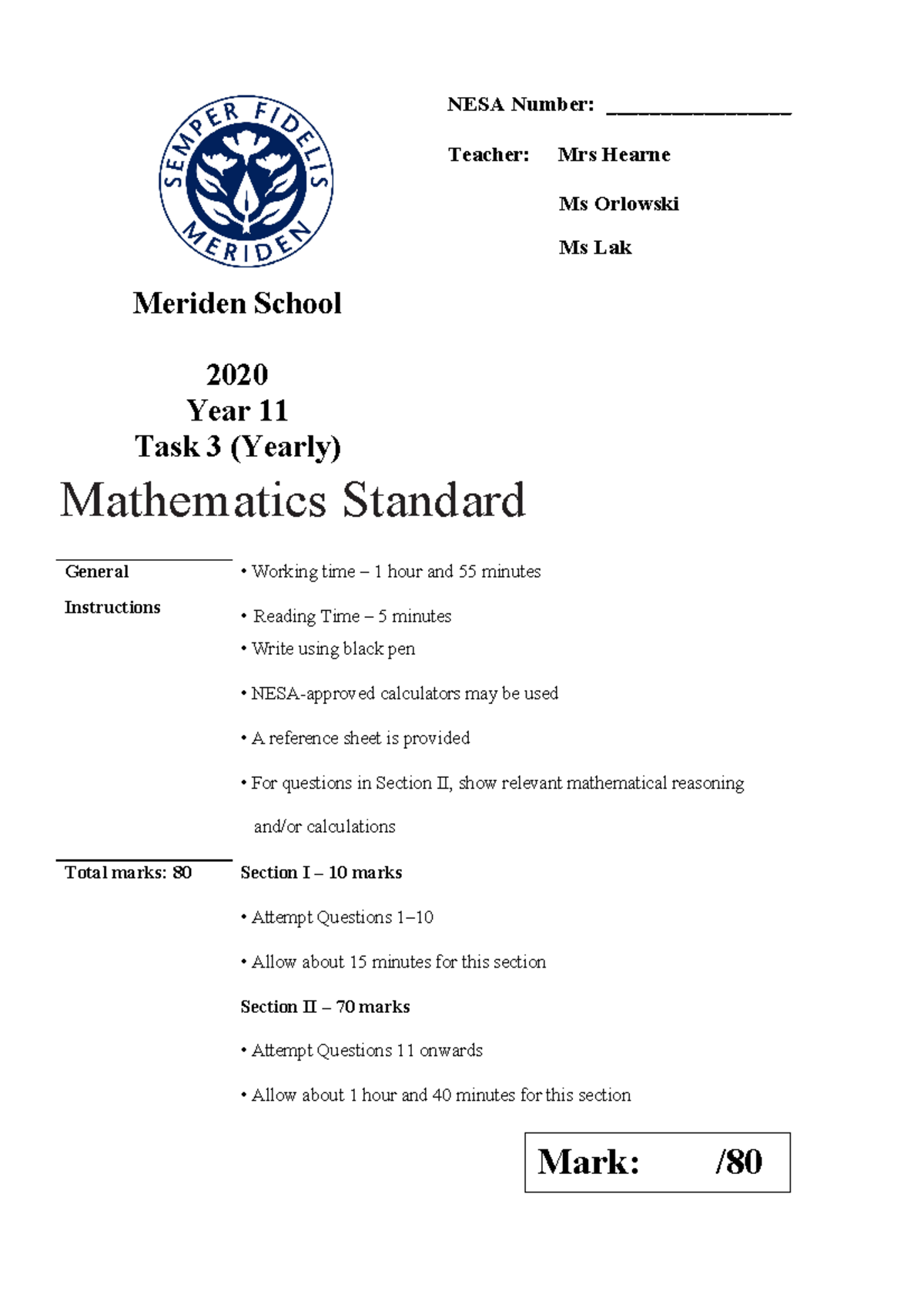 2020 Year 11 Mathematics Standard Yearly Exam - Studocu