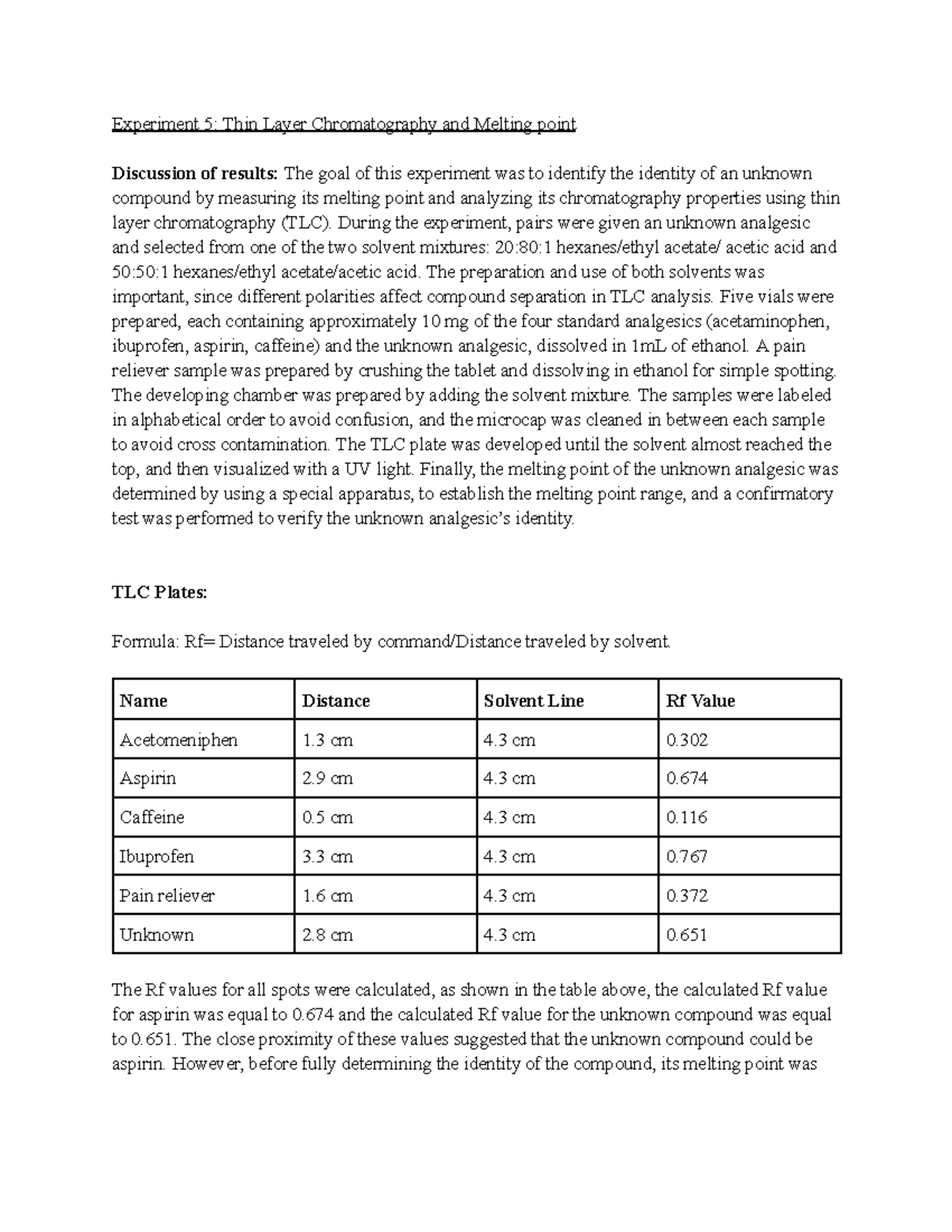 TLC Lab Report - Experiment 5: Analyzing Unknown Analgesic ...