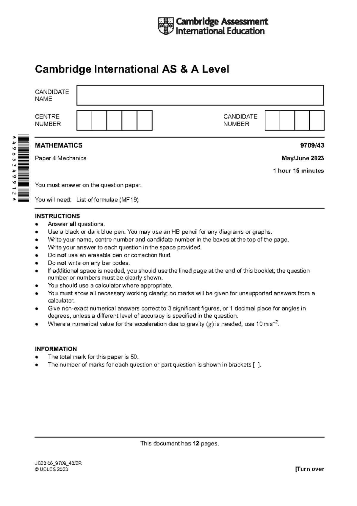 Mathematics Paper 4 Mechanics (9709) - Cambridge AS A Level 2023 Exam ...