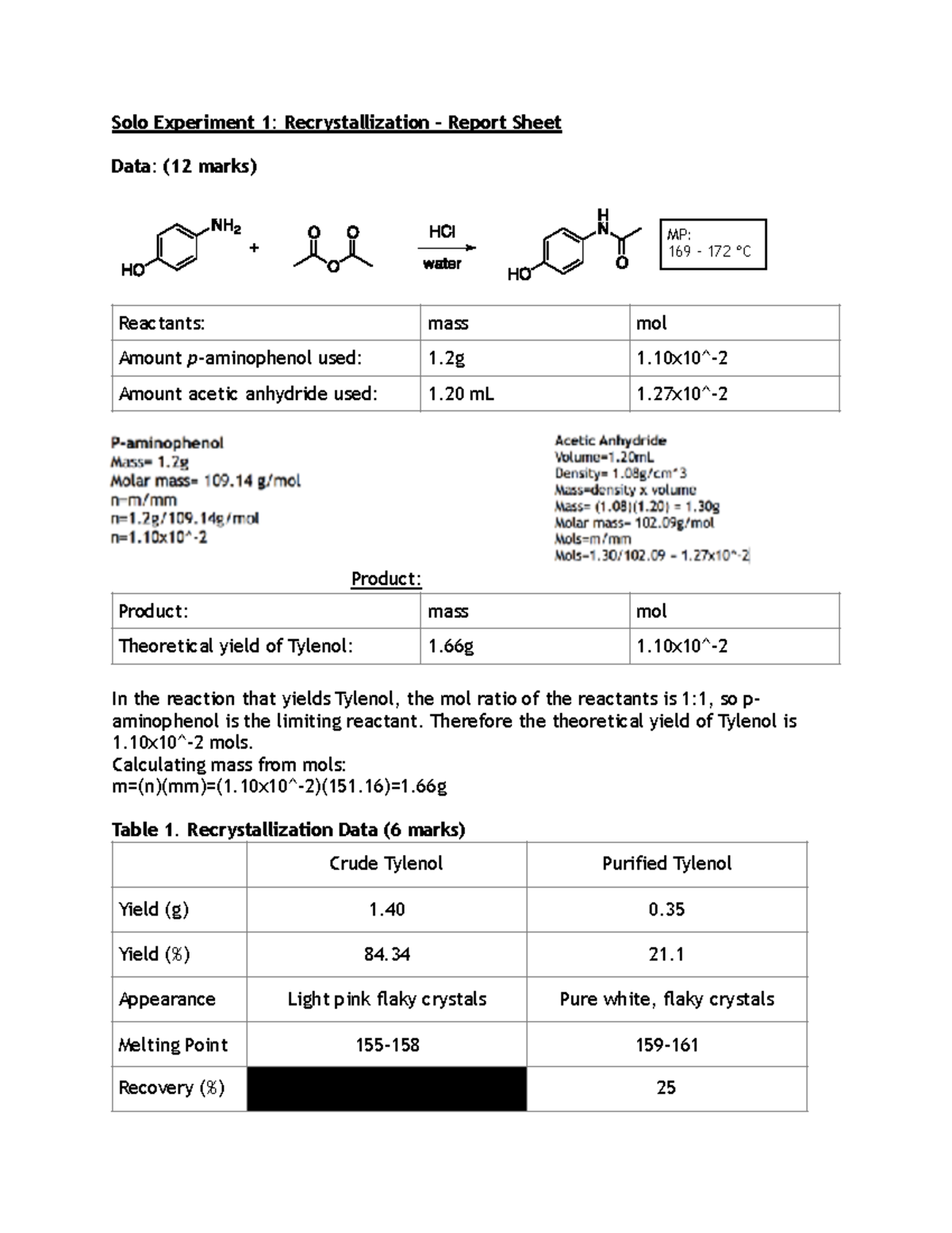 Chem 212 Recrystallisation Lab Report - Solo Experiment 1 ...