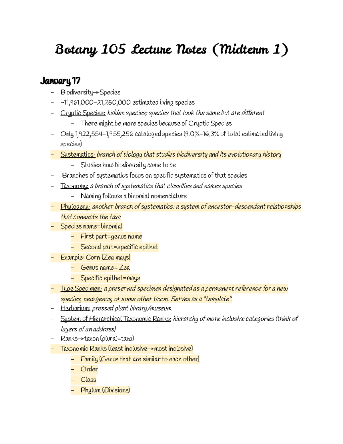 Botany 105 Lecture Notes: Midterm 1 Overview of Biodiversity and Cell ...