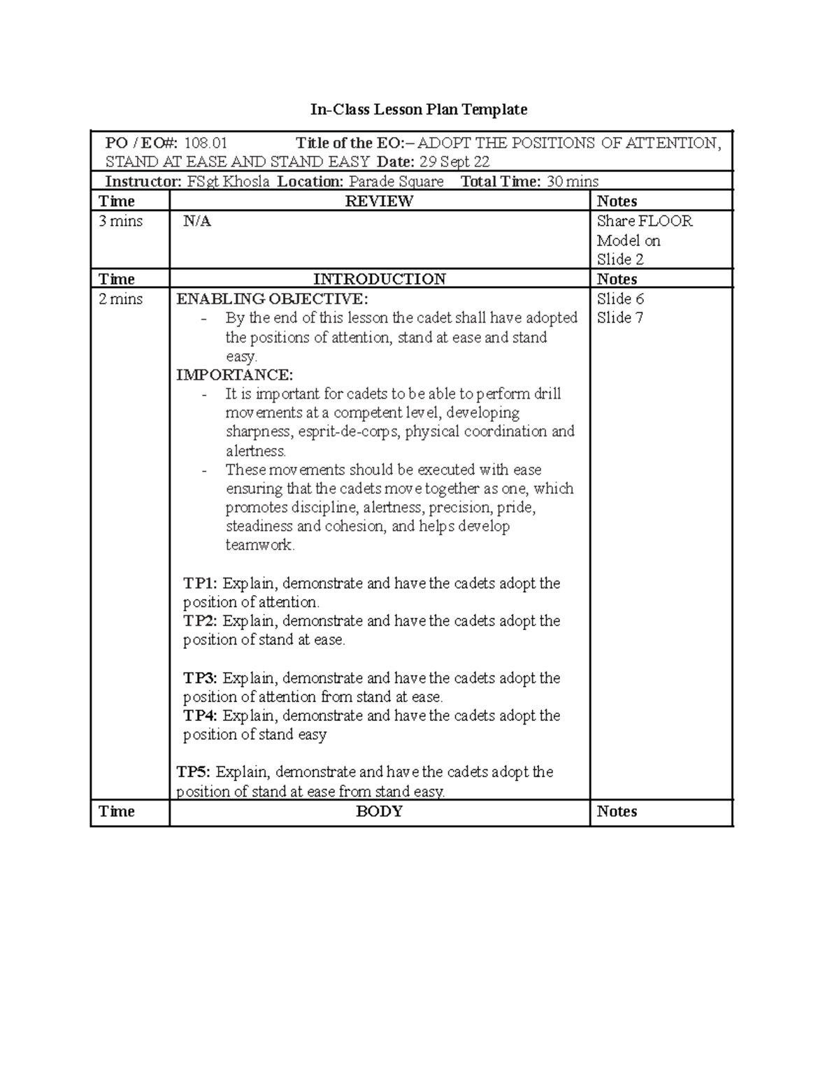 M108 - Lesson Plan: Positions of Attention, Stand Easy & At Ease - Studocu