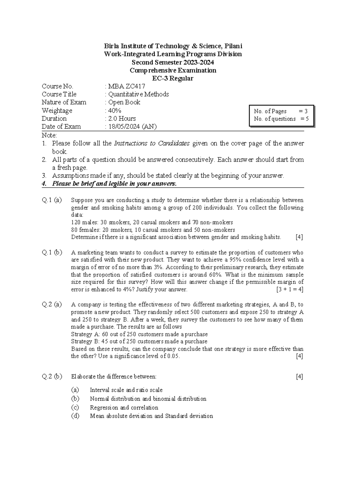 MBA ZC417 Second Semester Comprehensive Exam: Quantitative Methods ...