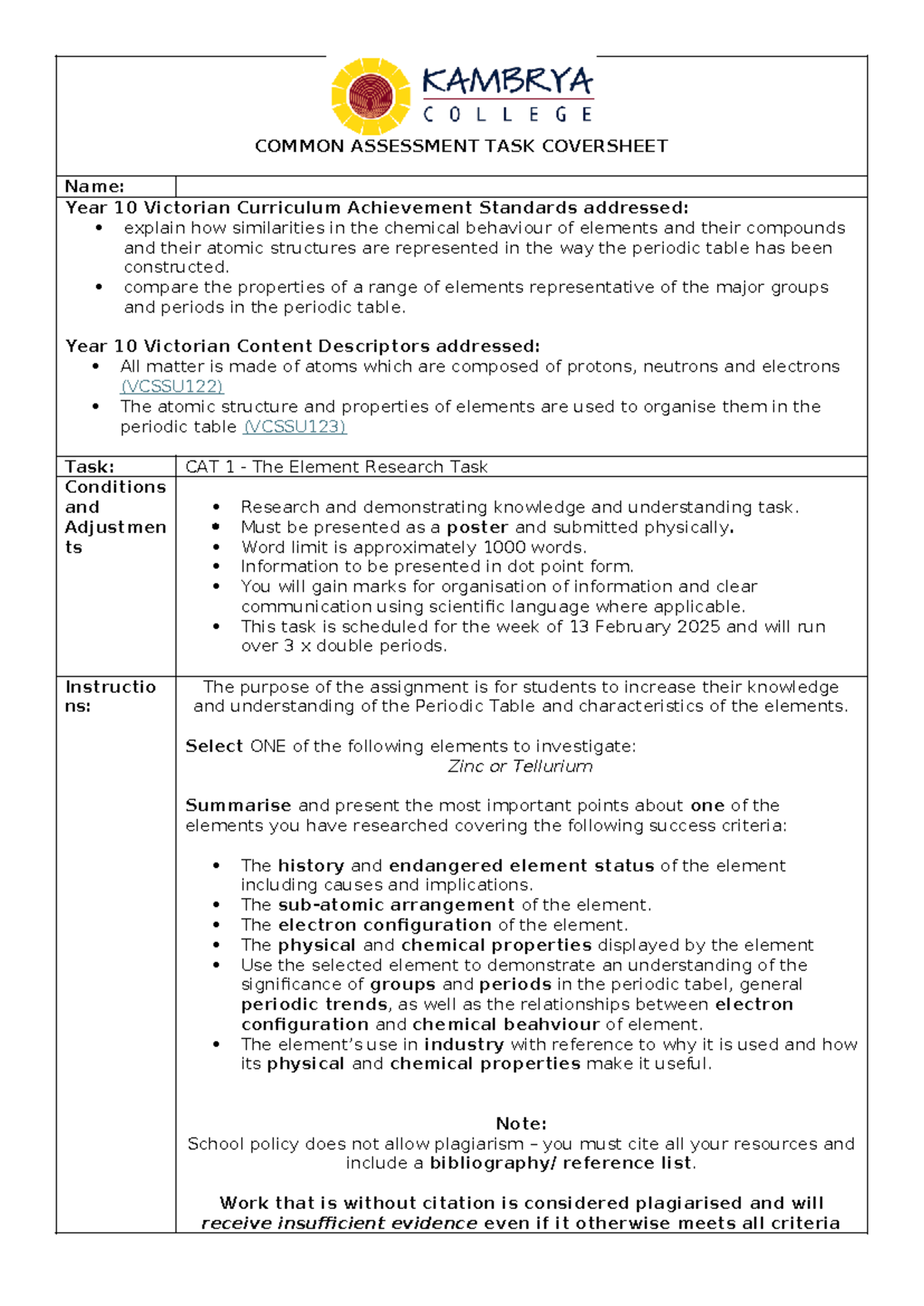 2025 S2 CAT 1 Element Research Task: Periodic Table Insights - Studocu