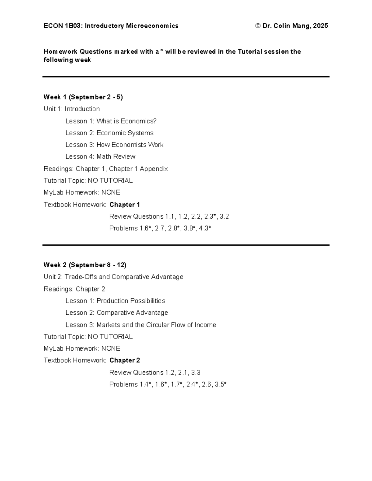 ECON 1B03: Introductory Microeconomics Fall 2025 Full Course Schedule ...