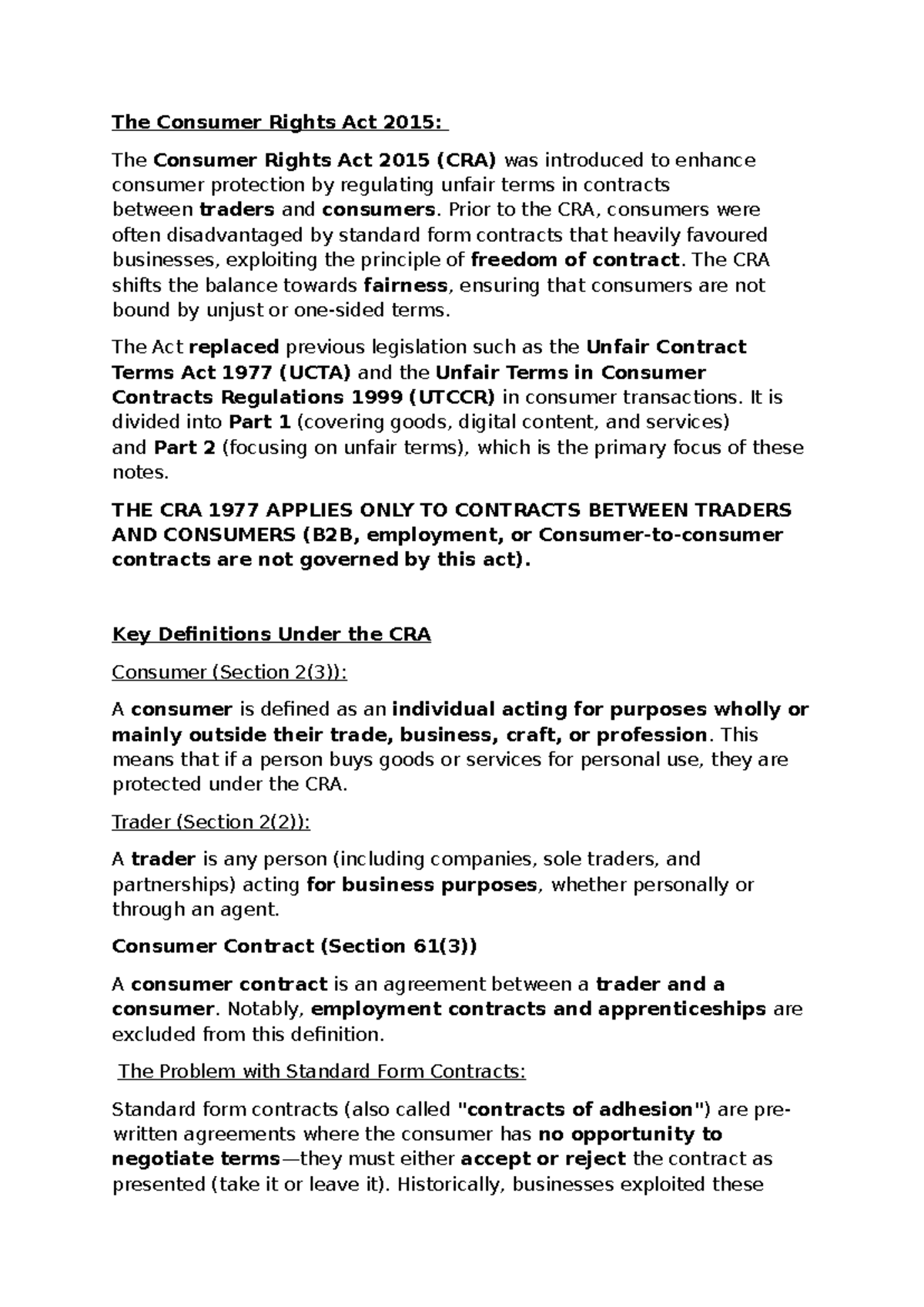 Consumer Rights Act 2015: Key Principles and Exam Application Notes ...