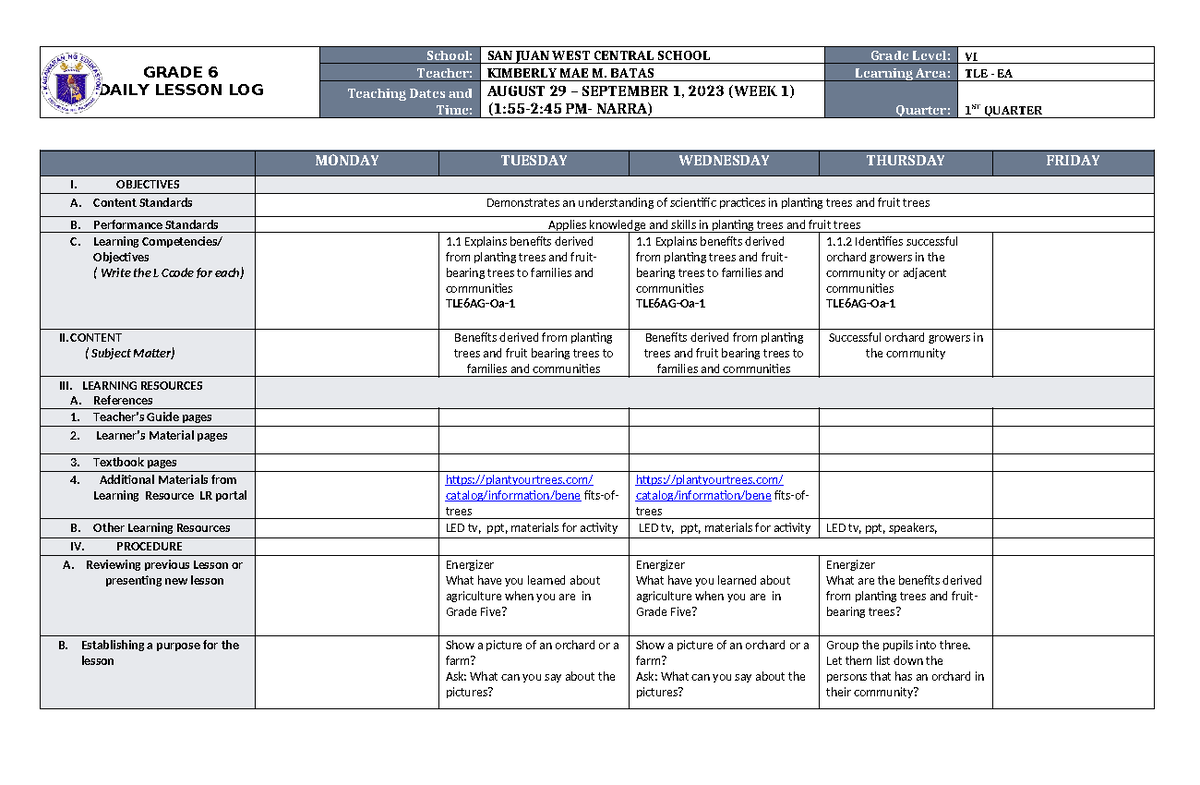 TLE6 DLL Q1 W1 - Daily Lesson Log for Grade 6 TLE Education - Studocu