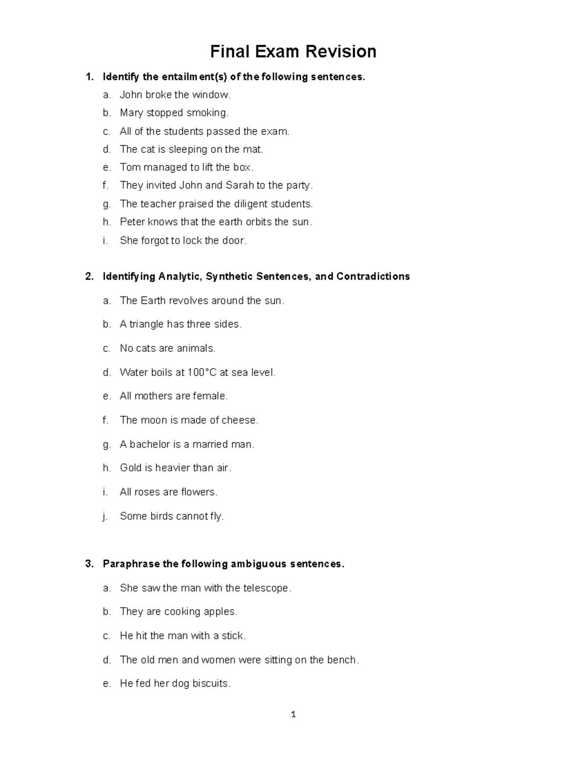 Final Exam Revision: Entailments, Analytic vs Synthetic Sentences - Studocu