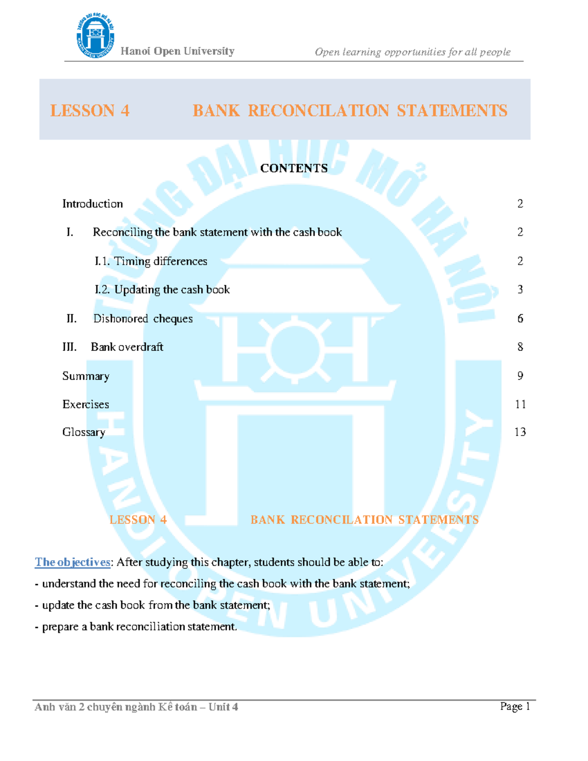 Hanoi Open University LESSON 4: Bank Reconciliation Statements (Unit 4 ...