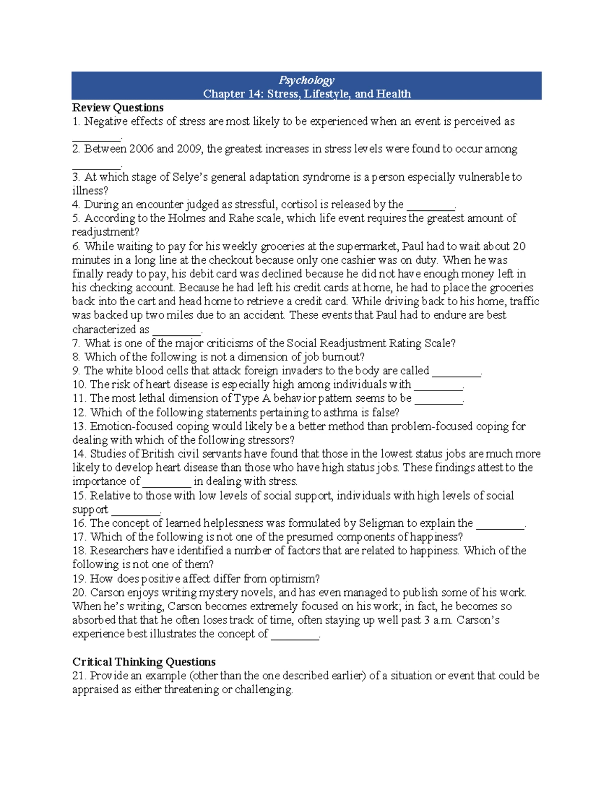 Psychology 101 - Chapter 15: Psychological Disorders Review Questions ...