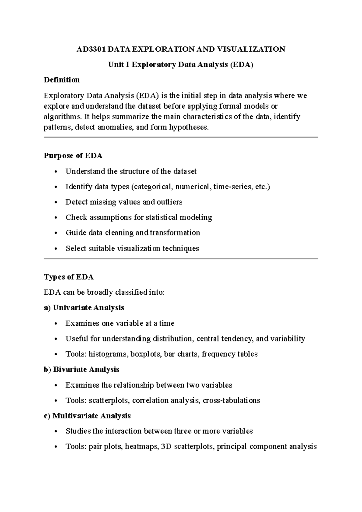 AD3301 DATA EXPLORATION AND VISUALIZATION Unit I EDA Overview and ...
