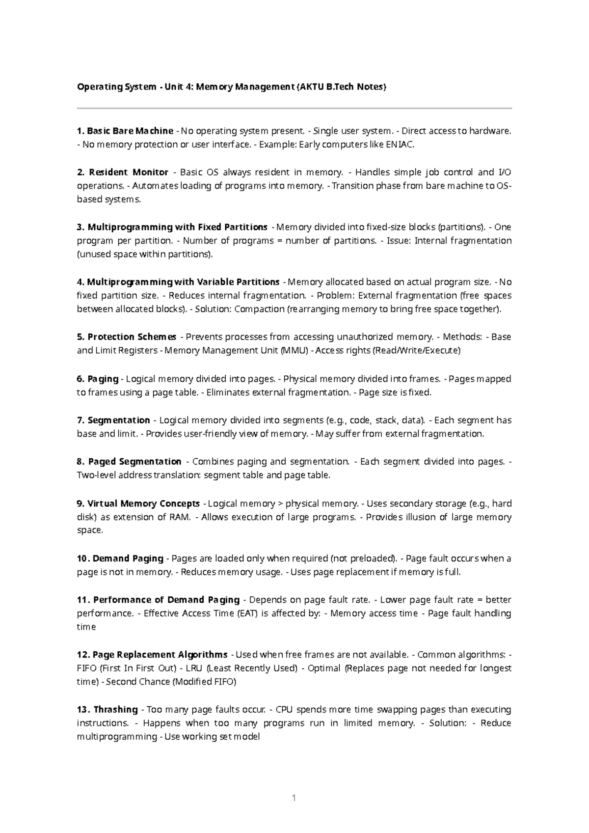 Unit 4: Memory Management Overview (AKTU B.Tech Notes) - Studocu