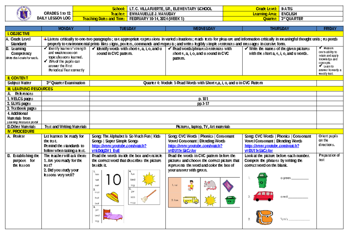 Q4 DLP English Week1 - dll - GRADES 1 to 12 DAILY LESSON LOG School: LT ...