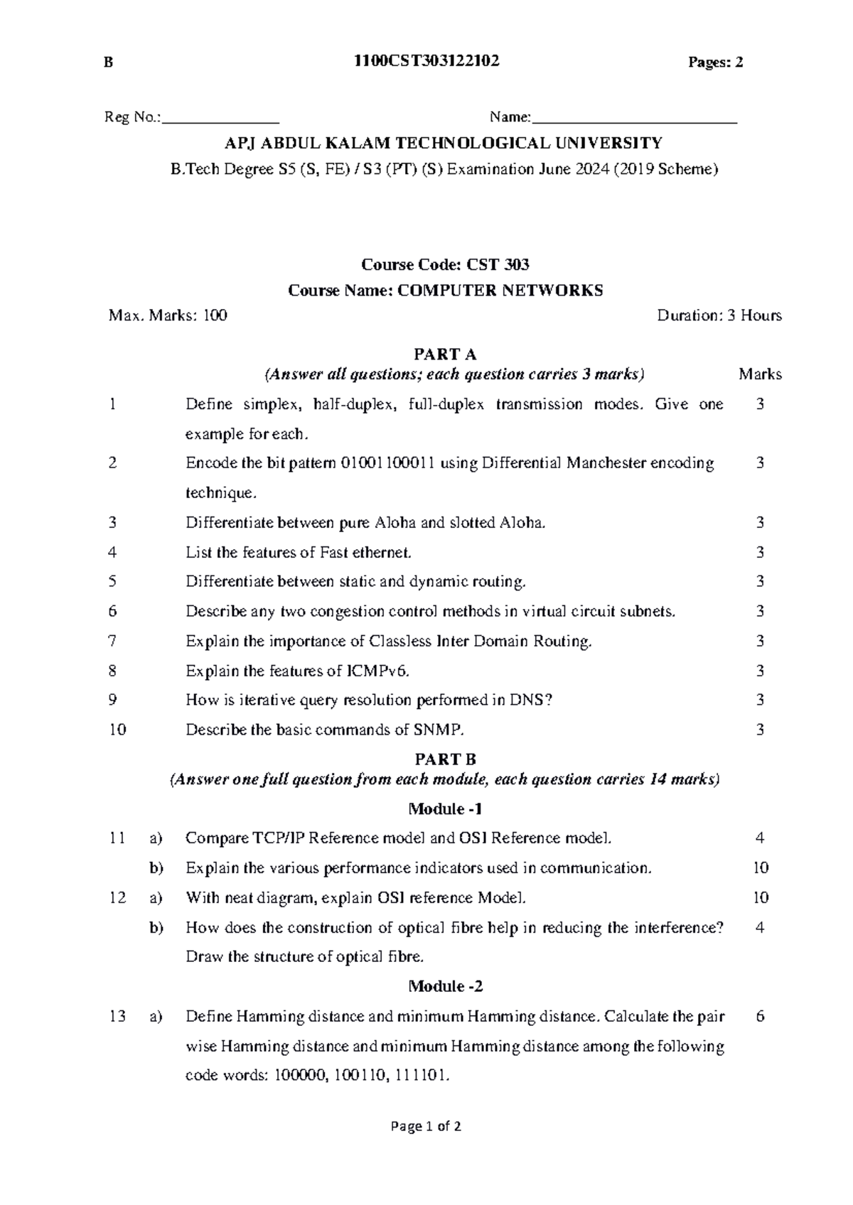 CST303-QP - Previous Year Question Paper for Computer Networks - Studocu