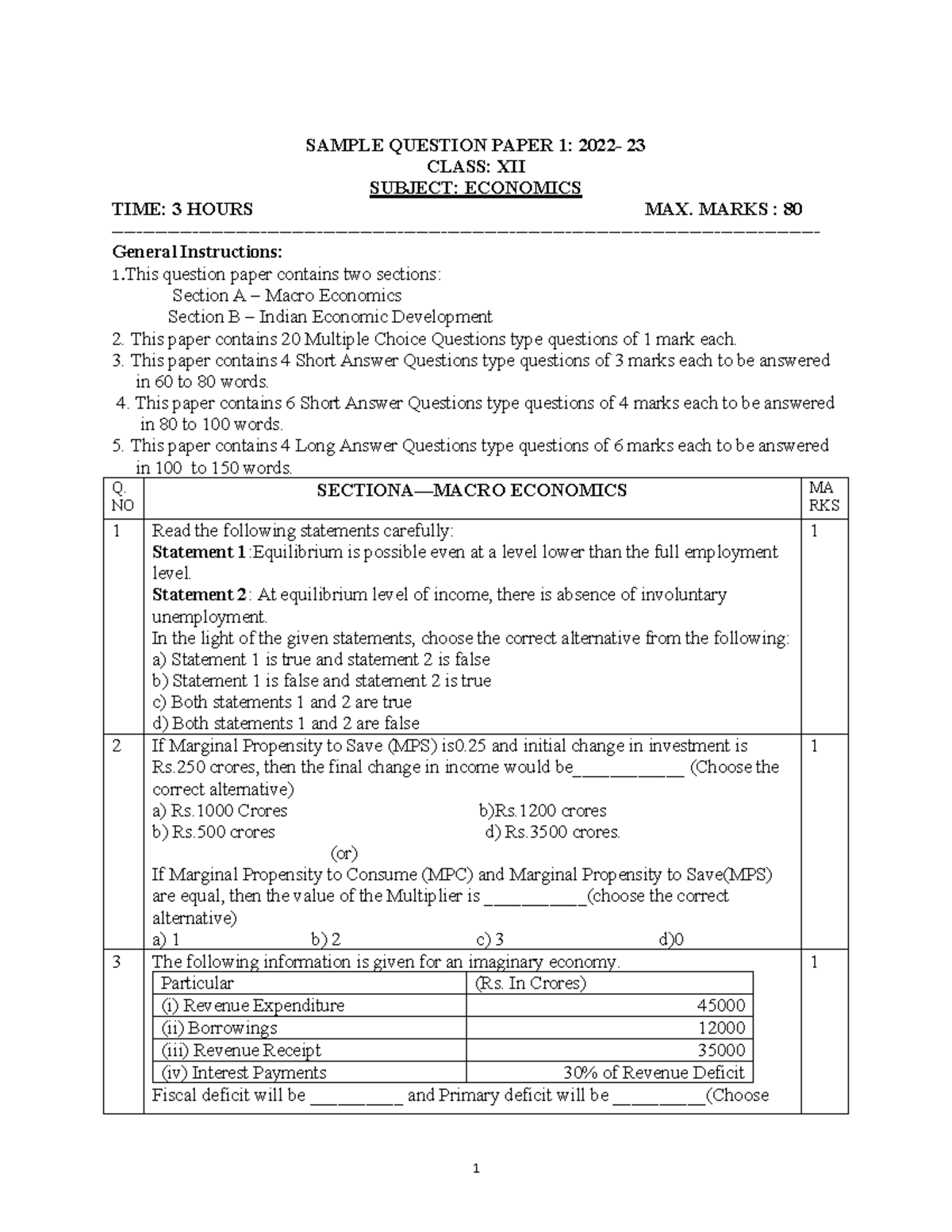 Economics Sample Paper 1: Class XII (KVS Ernakulam Region) - Studocu