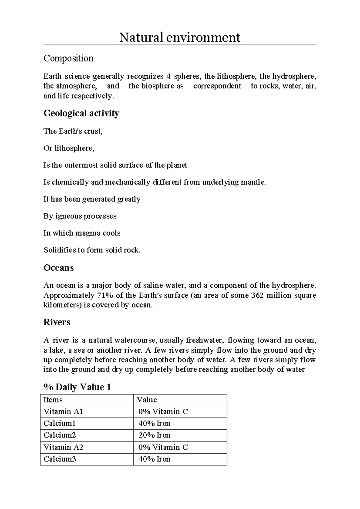 Natural environment - Đề bài - Natural environment Composition Earth ...