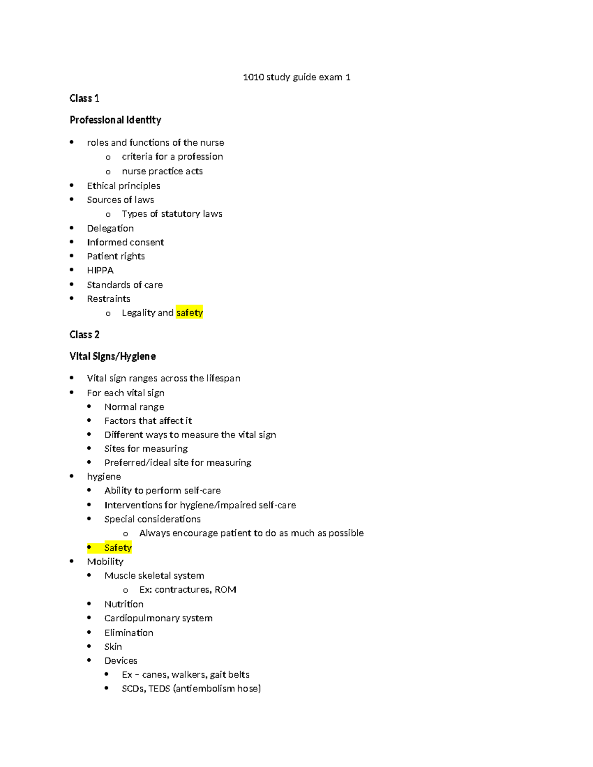 NURS 10 Study Guide: Exam 1 Review for Nursing Concepts & Skills - Studocu