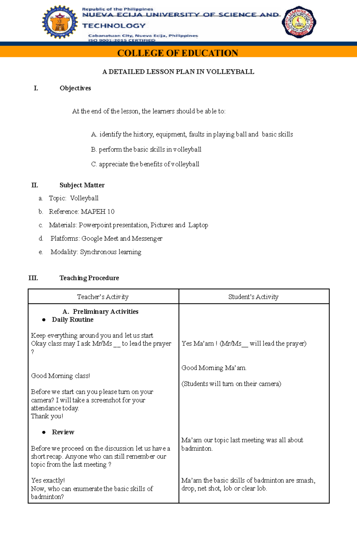 Detailed Lesson Plan in Volleyball - A DETAILED LESSON PLAN IN ...