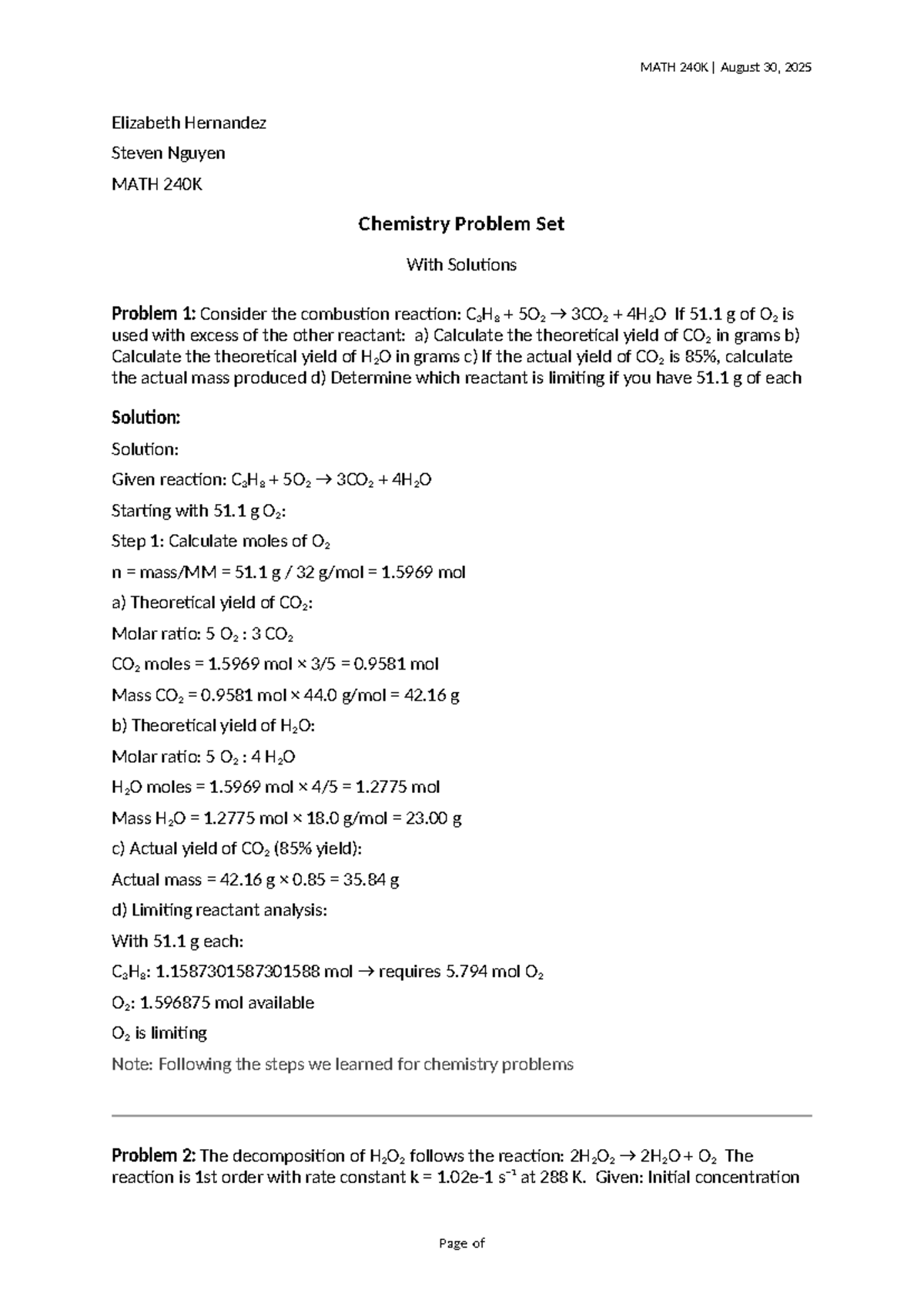 MATH 240K Chemistry Problem Set Solutions and Analysis - Studocu