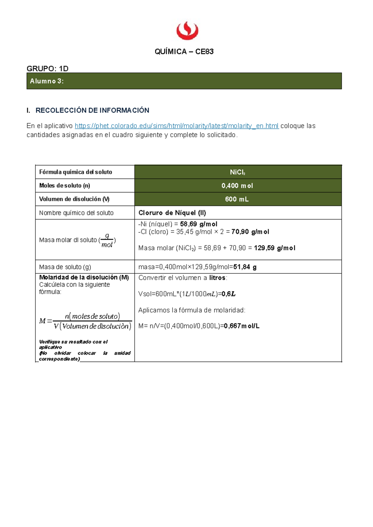 QUÍMICA CE83 ACTIVIDAD ASINCRÓNICA 3: Dilución de NiCl₂ - Studocu