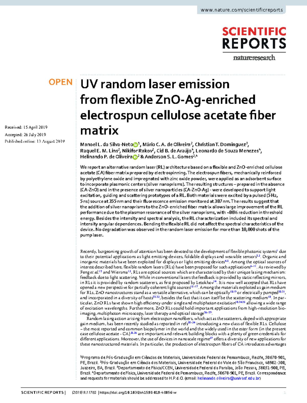 2019 SR UV Random Laser Emission from Electrospun Cellulose Acetate ...