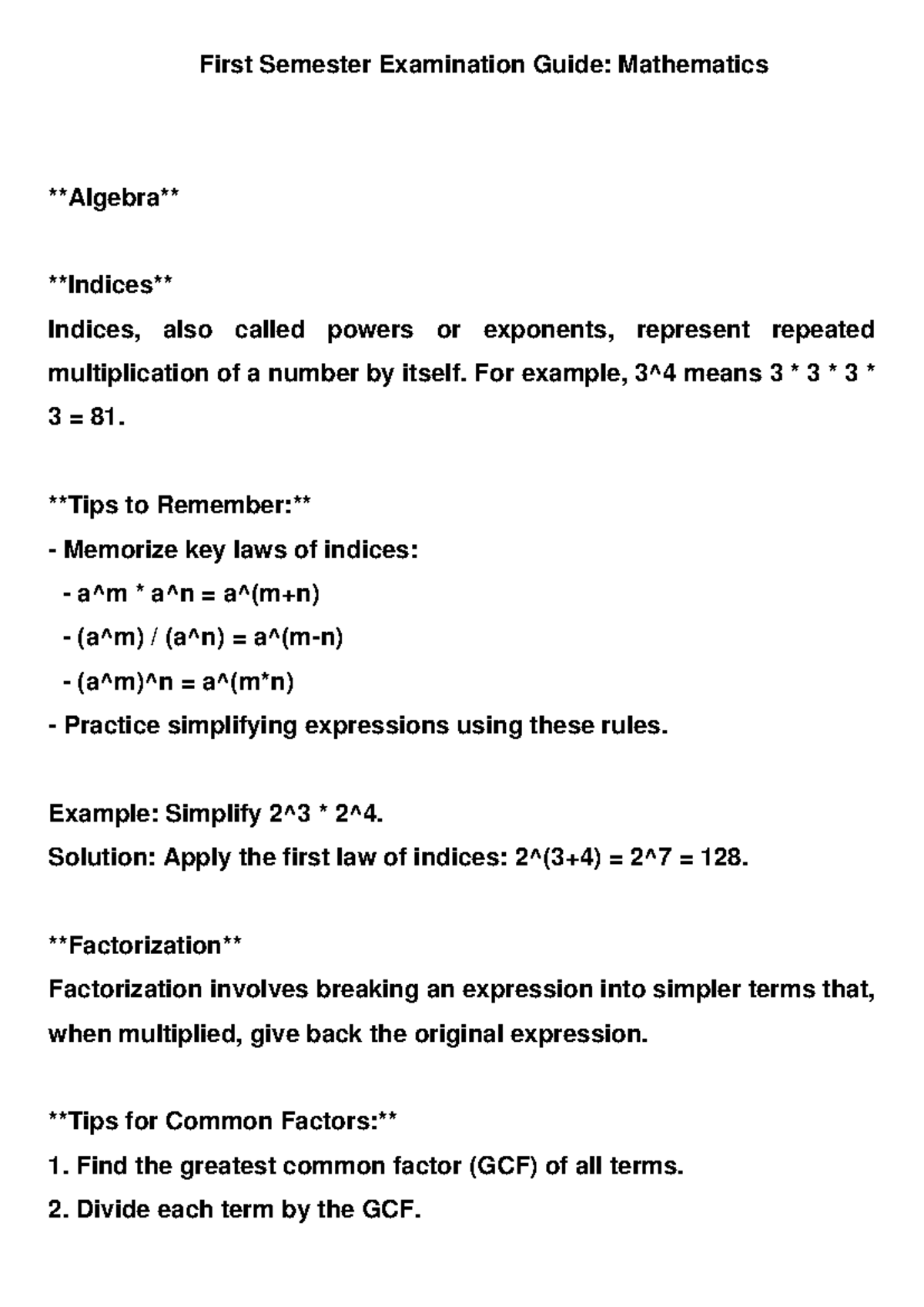 First Semester Math Guide - First Semester Examination Guide ...