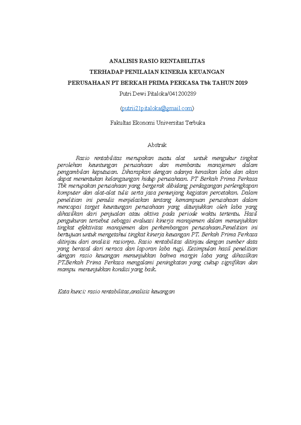Analisis Rasio Rentabilitas dan Kinerja Keuangan PT Berkah Prima Tbk ...