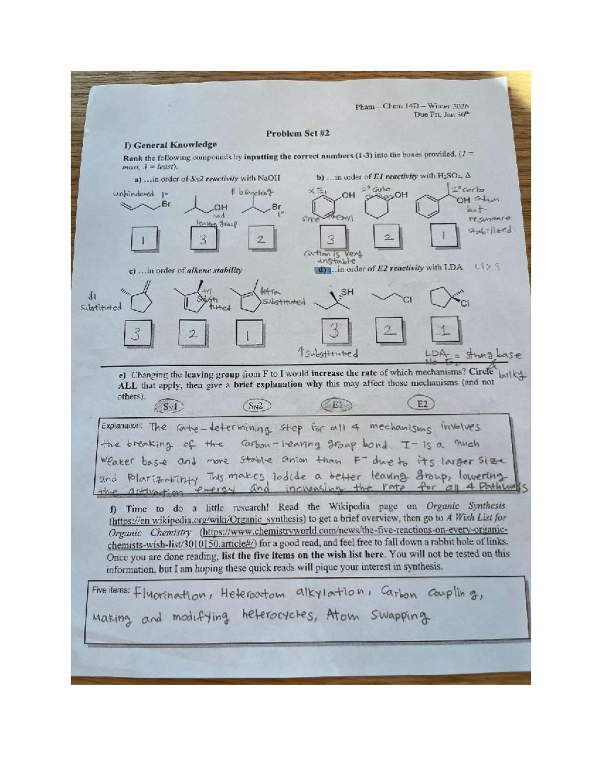 Pham Chem 14D Winter 2026 Problem Set II: Elimination & Reactions - Studocu