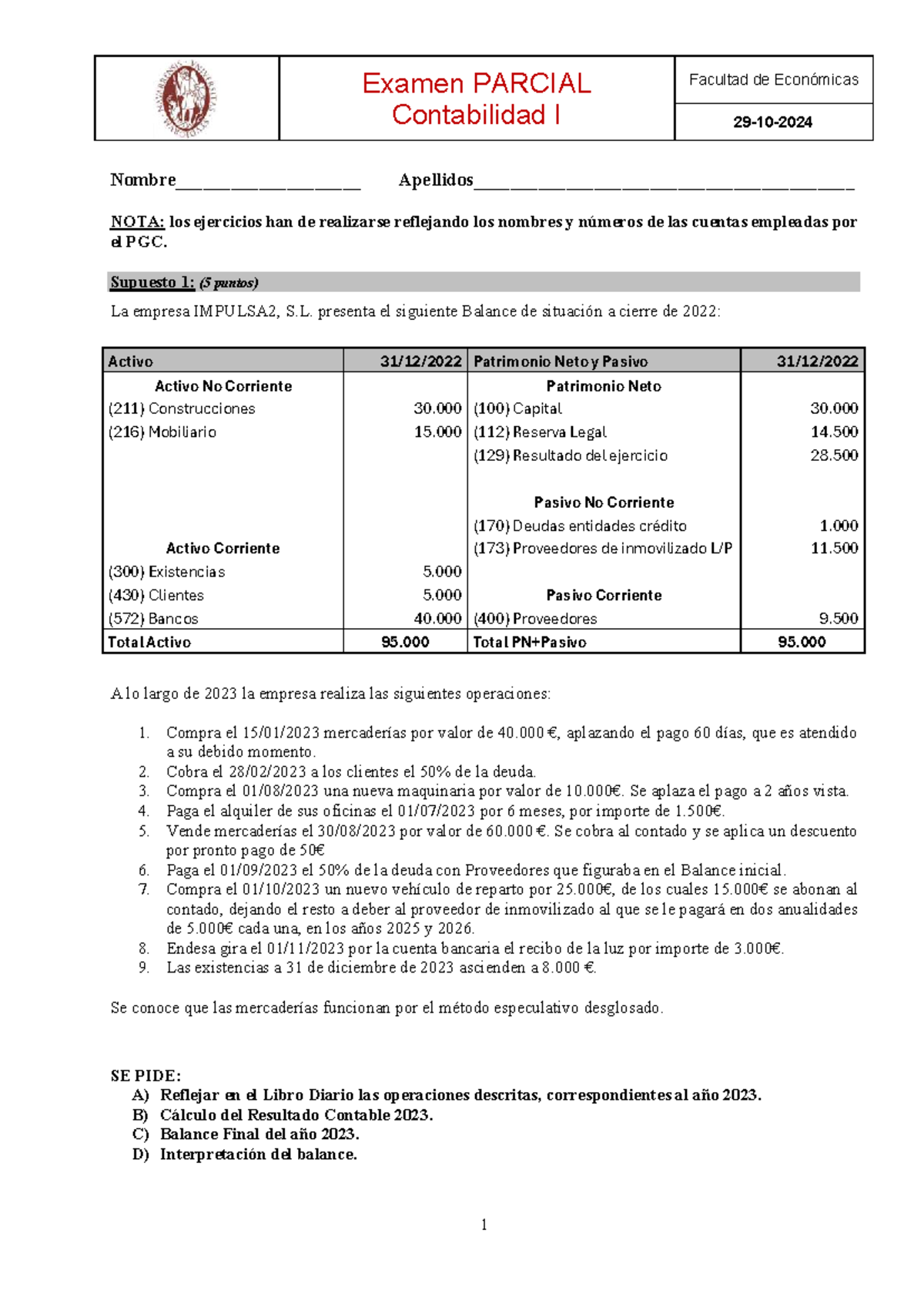 Examen PARCIAL Contabilidad I - Soluciones y Cálculos 2023 - Studocu