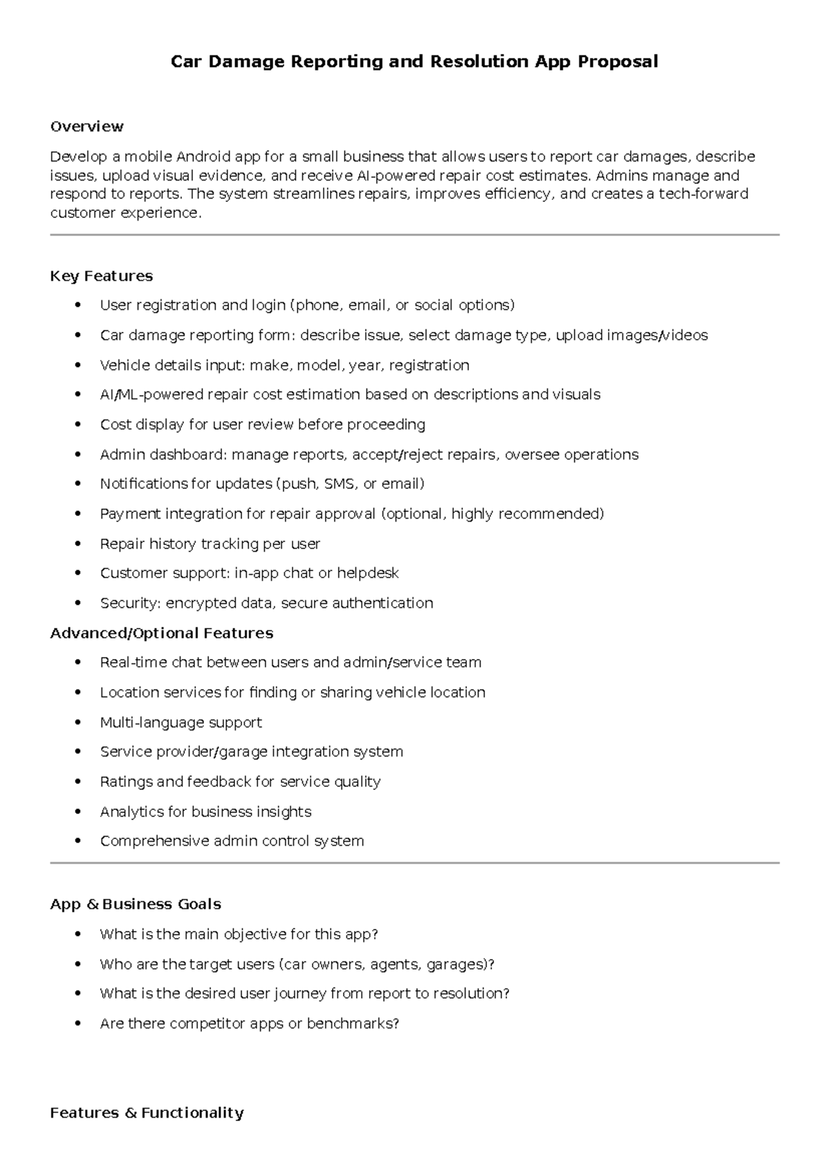 Car Damage Reporting App Proposal Overview: Features & Goals - Studocu