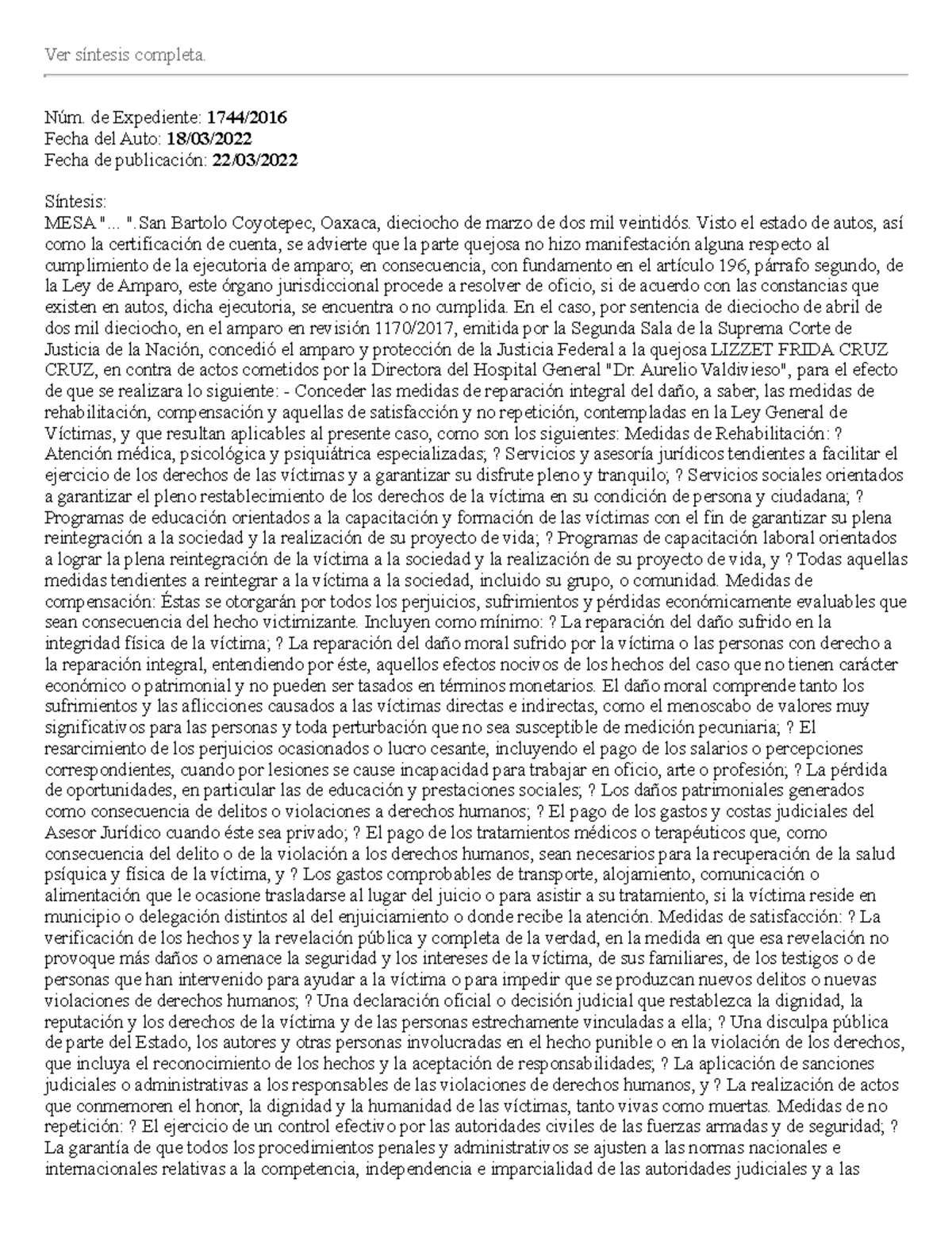 Cumplimiento de Ejecutoria de Amparo 1170/2016: Medidas de Reparación