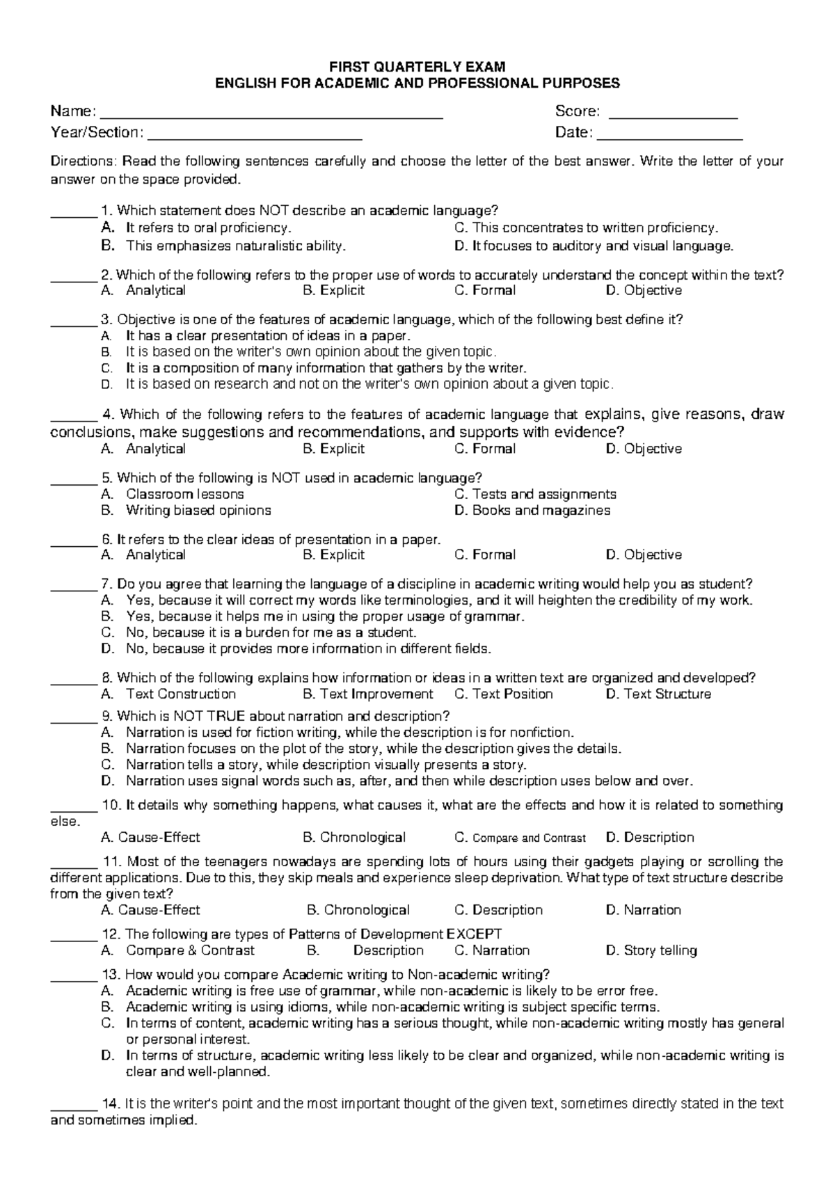 EAPP 101: First Quarterly Exam for English for Academic and ...